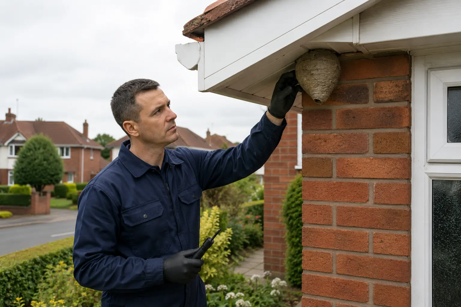 Pest-control technician inspecting a wasp nest beneath the eaves of a brick house.