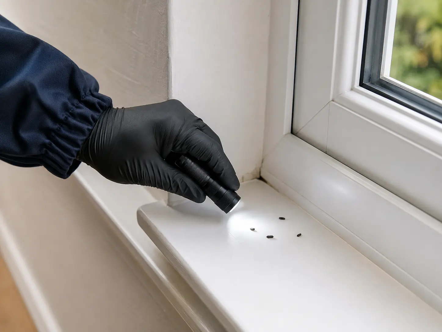 Technician inspecting possible mouse droppings on a windowsill.