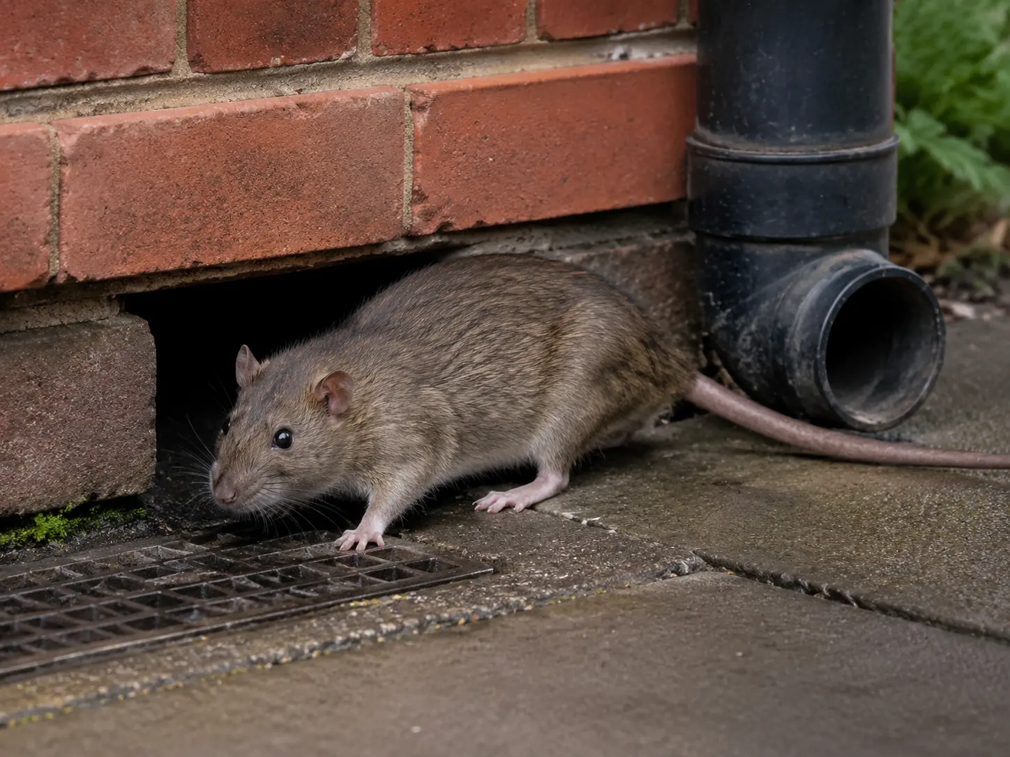 Brown rat beside an exterior drain and wall opening.