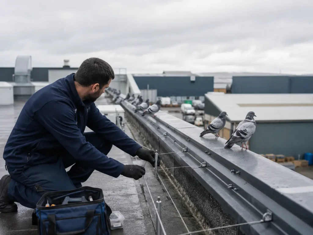 Pest control technician fitting bird deterrent wires on a commercial rooftop