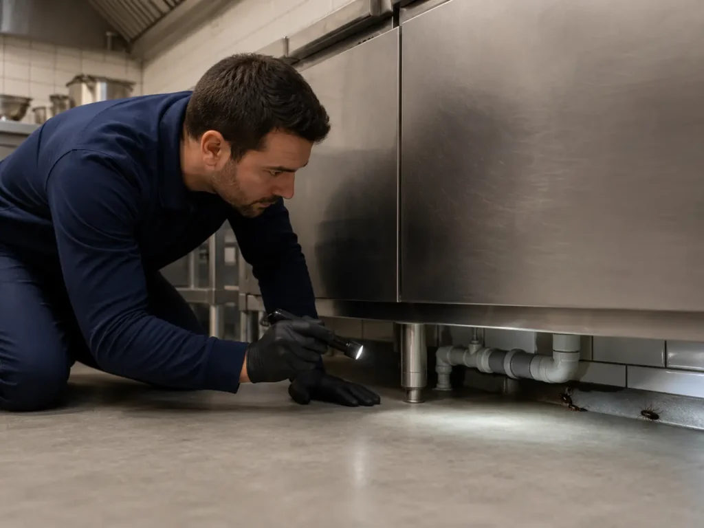 Pest control technician inspecting cockroaches beneath commercial kitchen equipment