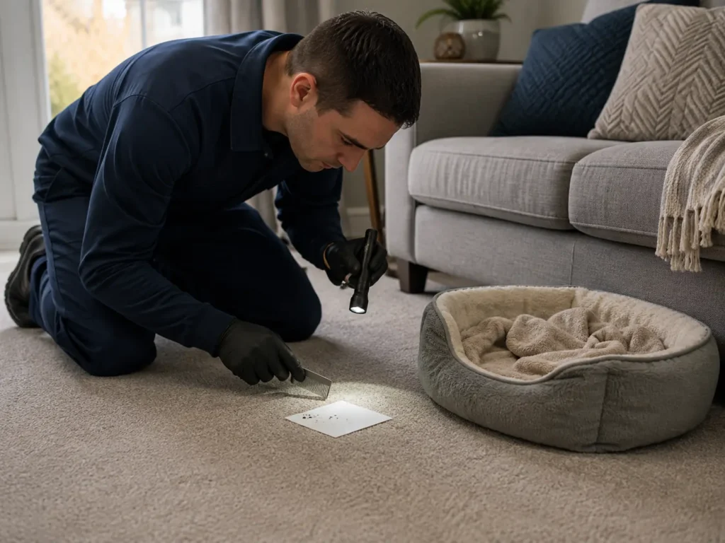 Pest control technician checking for flea activity beside a pet bed
