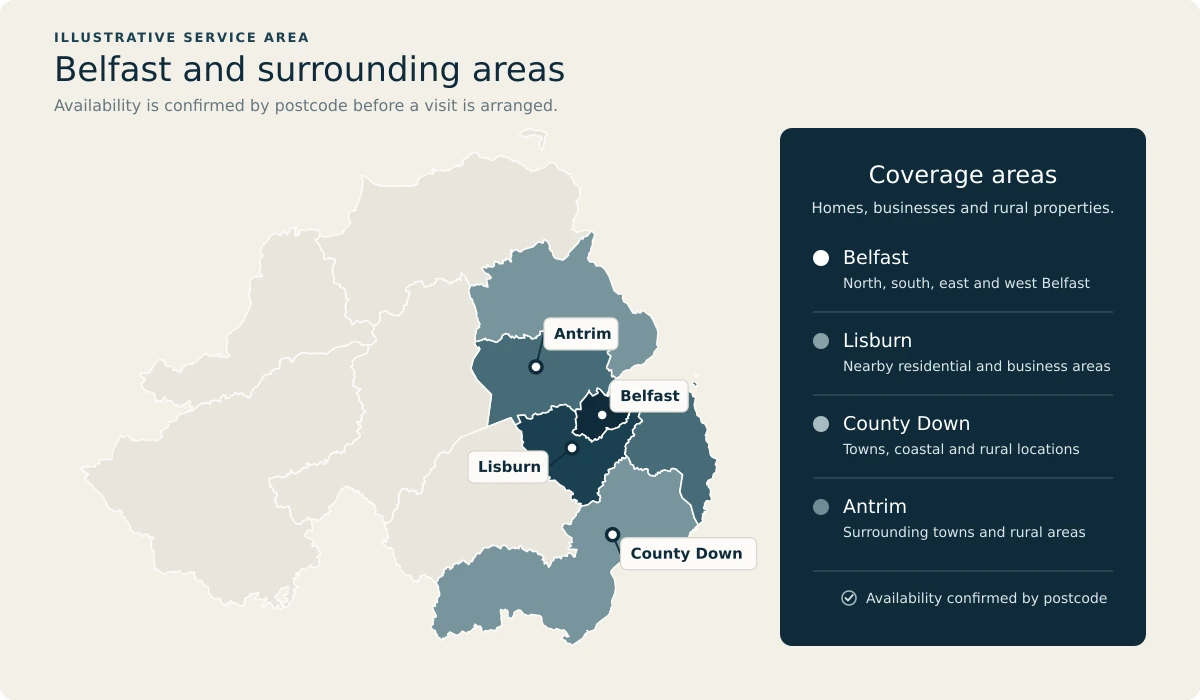 Illustrative service-area map highlighting Belfast, Lisburn, County Down and Antrim.