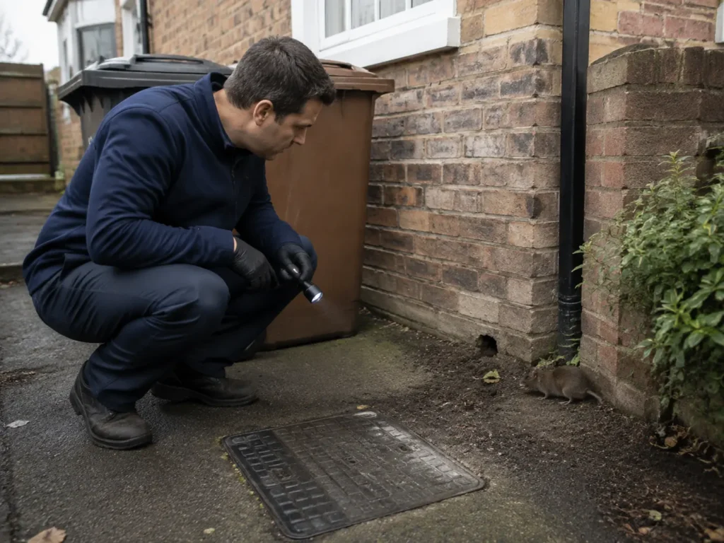 Pest control technician inspecting a rat beside a house wall