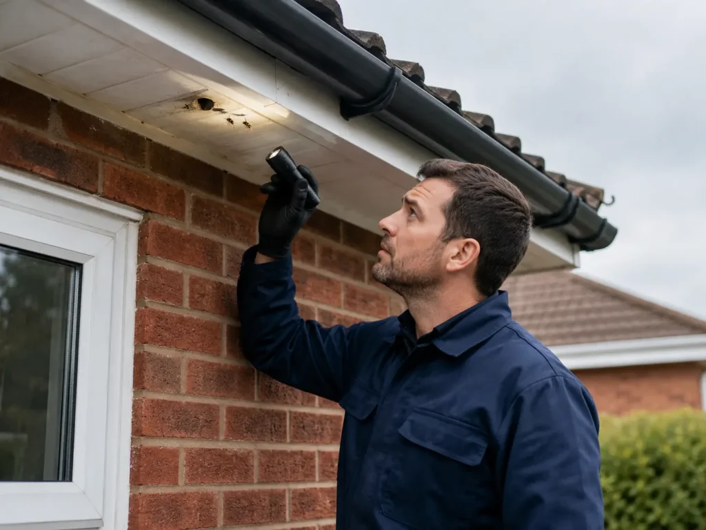 Pest control technician inspecting wasps beneath roof eaves