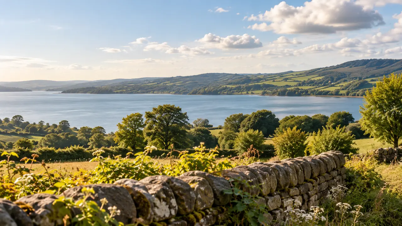 Countryside view across a lough, with a dry-stone wall in the foreground
