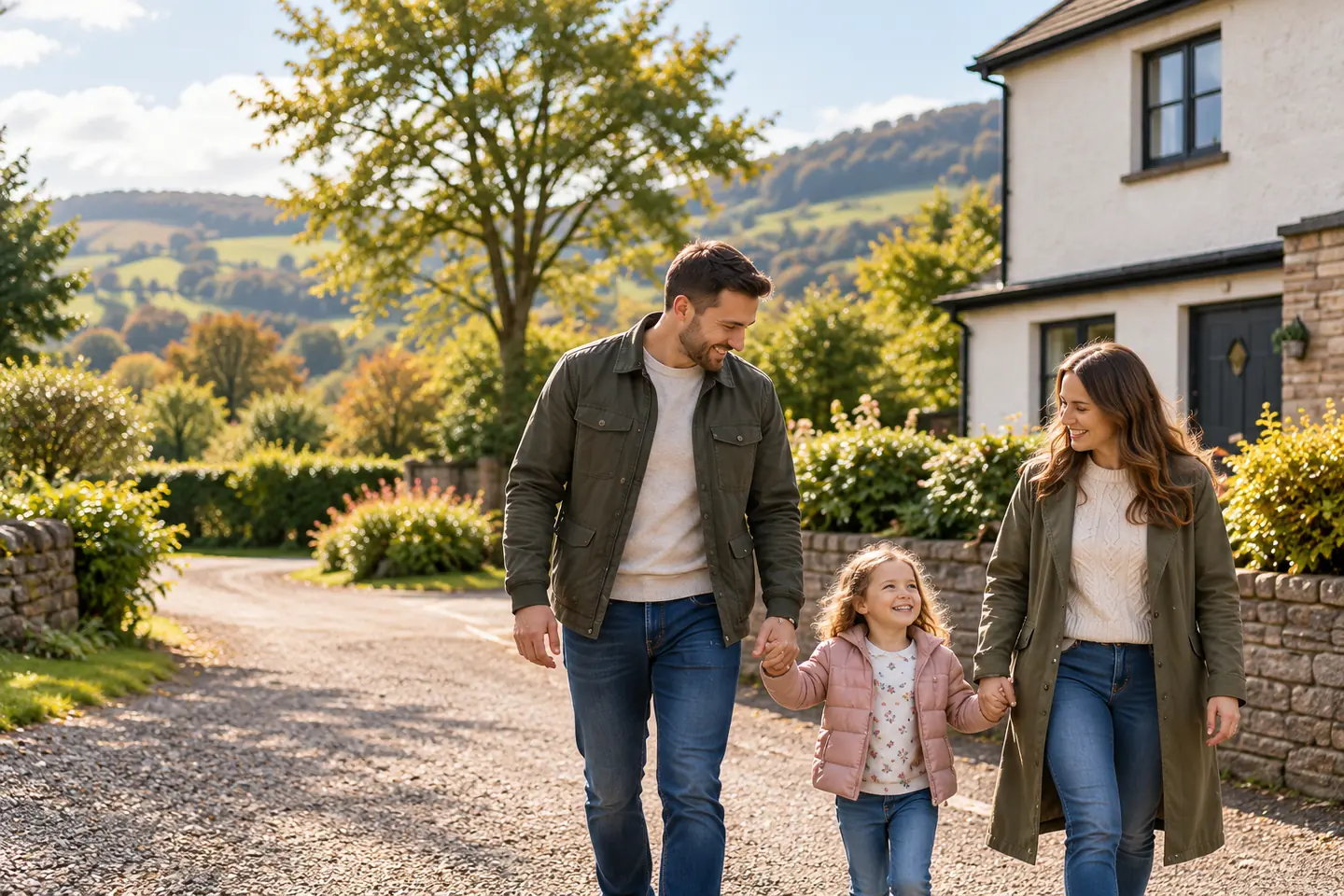 A couple and their young daughter walking hand in hand along the lane outside their home