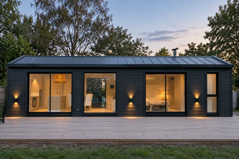 Dark-clad modular home with large windows and a deck, illustrative design